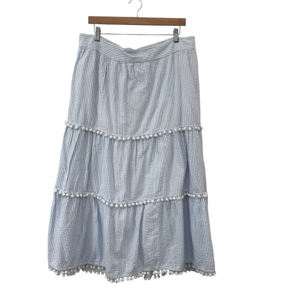 Crown & Ivy Tiered Seersucker Maxi Skirt Blue White with Pom-Pom Trim XL